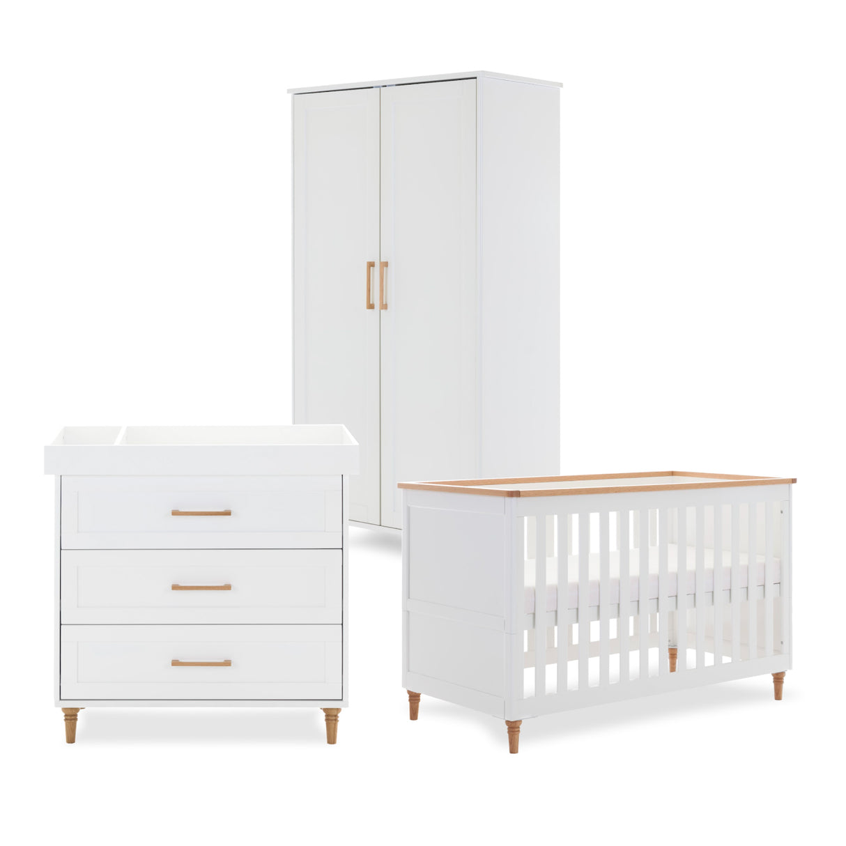 Obaby Orla 3 Piece Nursery Furniture Set with Cot Bed, Dresser and Wardrobe - White & Oak