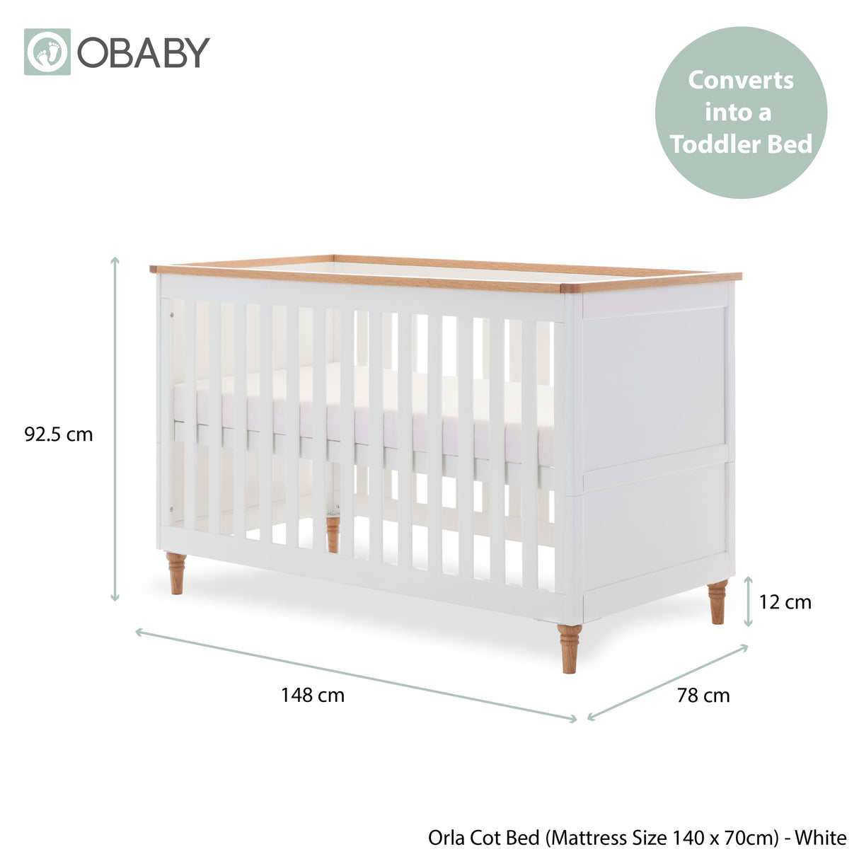 Obaby Orla 2 Piece Nursery Furniture Set with Cot Bed and Dresser - White & Oak