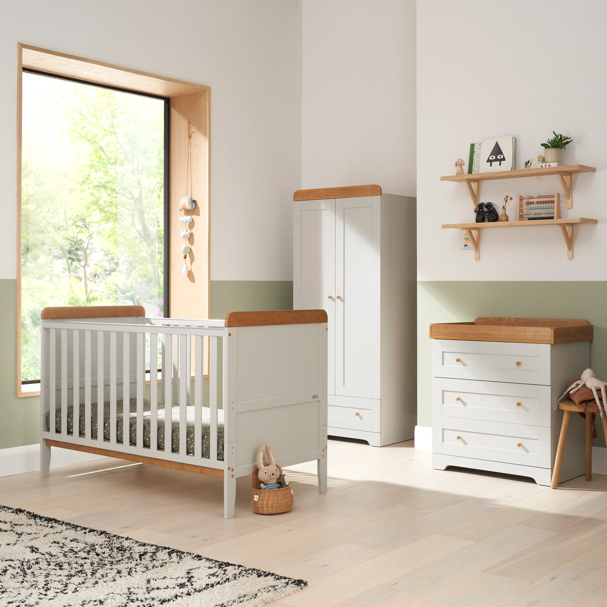 Tutti Bambini Rio 3 Piece Nursery Furniture Set with Cot Bed, Cot Top Changer, Dresser and Wardrobe - Dove Grey / Oak