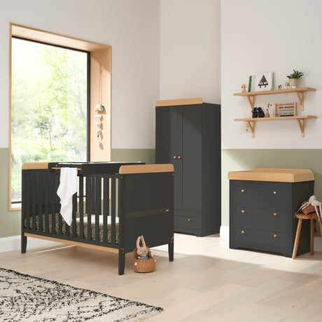 Tutti Bambini Rio 3 Piece Nursery Furniture Set with Cot Bed, Cot Top Changer, Dresser and Wardrobe - Slate Grey / Oak