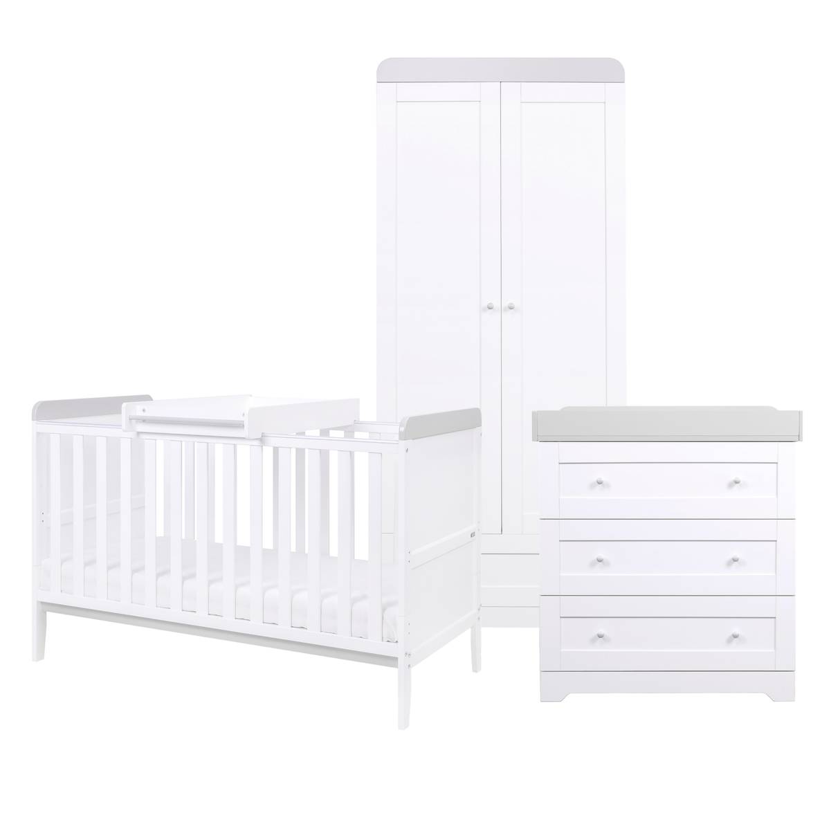 Tutti Bambini Rio 3 Piece Nursery Furniture Set with Cot Bed, Cot Top Changer, Dresser and Wardrobe - White / Dove Grey