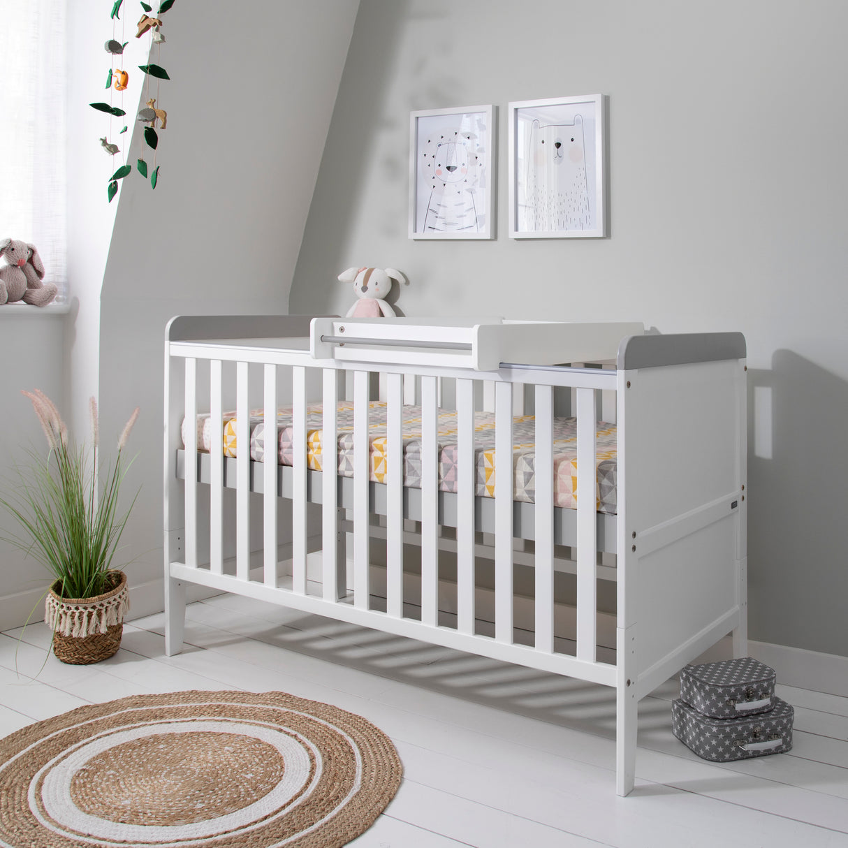 Tutti Bambini Rio 2 Piece Nursery Furniture Set with Cot Bed, Cot Top Changer and Dresser - White / Dove Grey