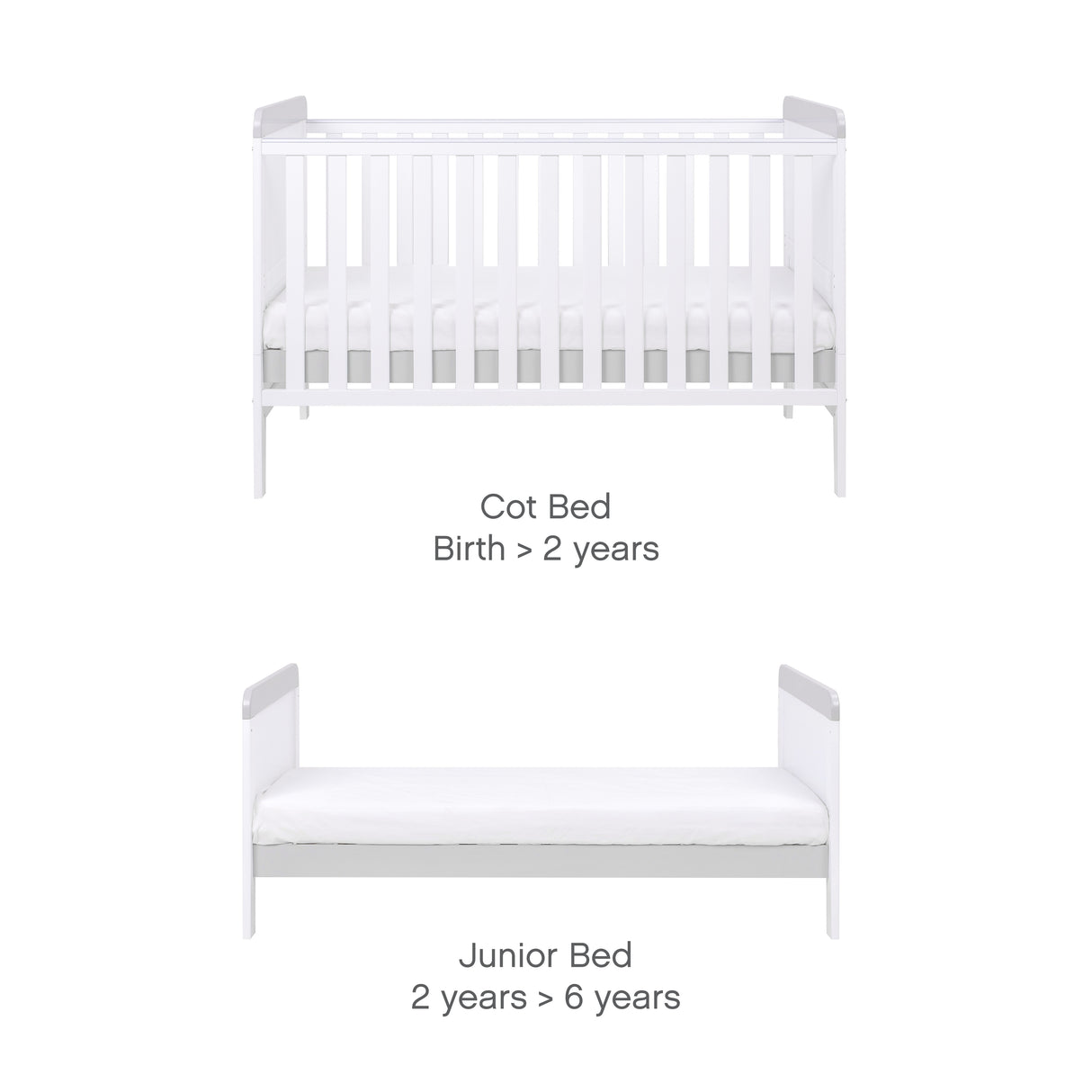 Tutti Bambini Rio 2 Piece Nursery Furniture Set with Cot Bed, Cot Top Changer and Dresser - White / Dove Grey