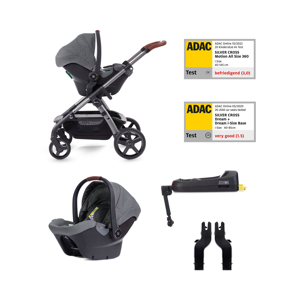 Silver Cross Wave 3 Single to Double Travel System with Dream Car Seat and ISOFIX Base - Lunar