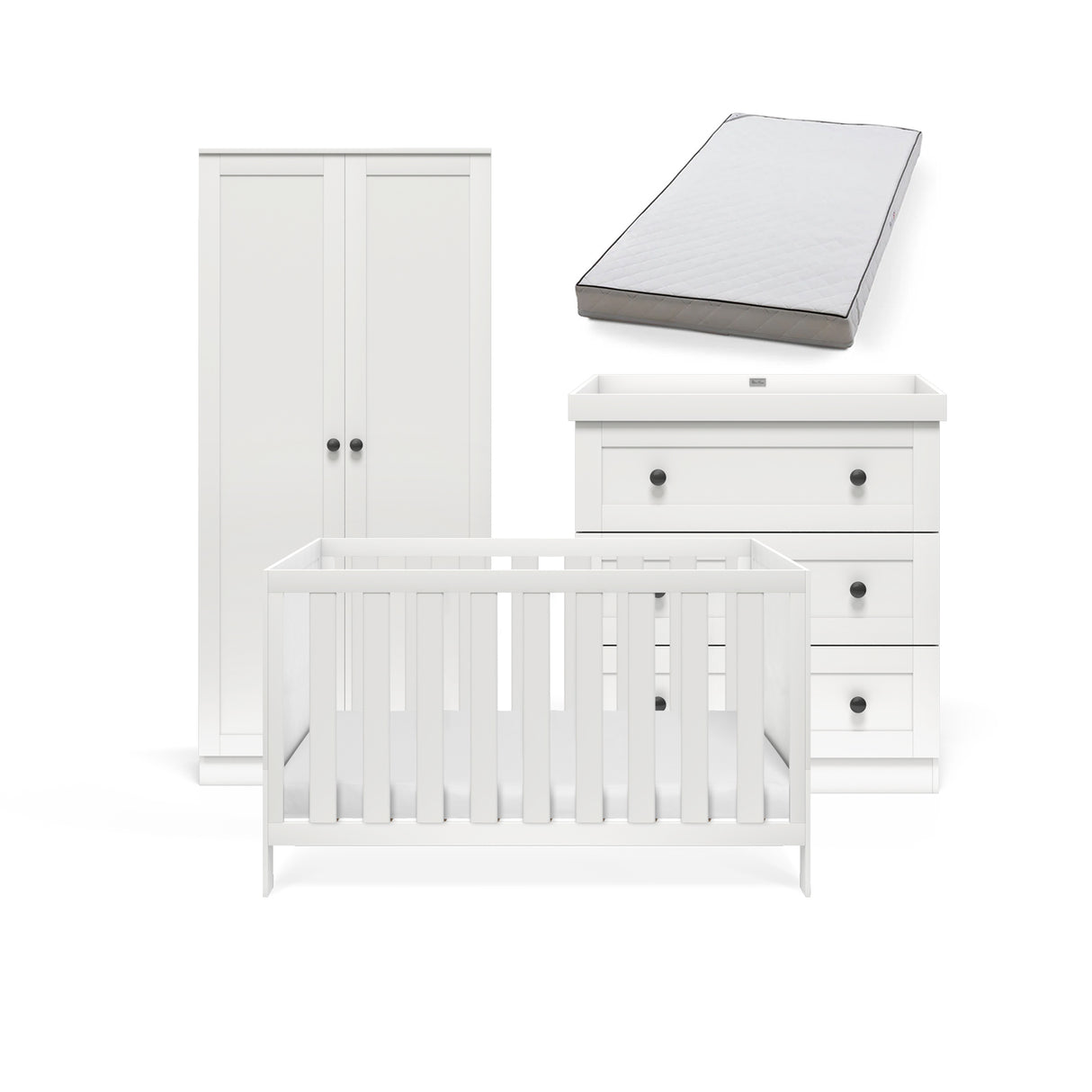 Silver Cross Bromley 3 Piece Nursery Furniture Set with Convertible Cot to Toddler Bed, Dresser & Wardrobe - White