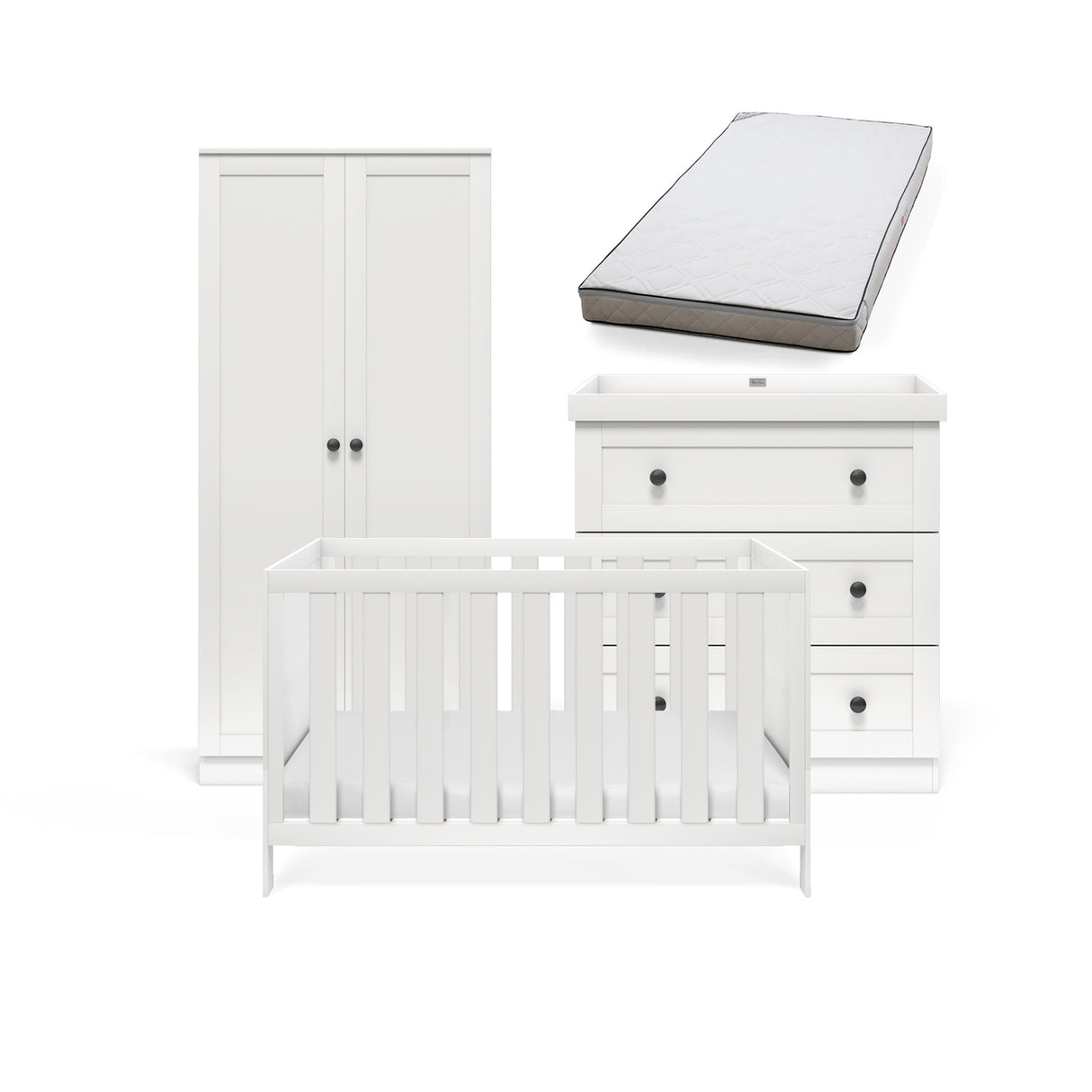 Silver Cross Bromley 3 Piece Nursery Furniture Set with Convertible Cot to Toddler Bed, Dresser & Wardrobe - White