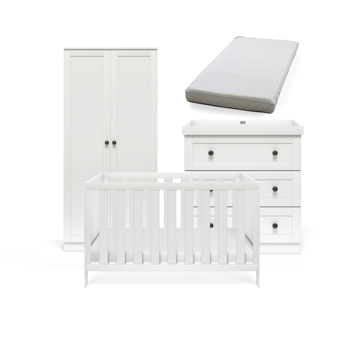 Silver Cross Bromley 3 Piece Nursery Furniture Set with Convertible Cot to Toddler Bed, Dresser & Wardrobe - White