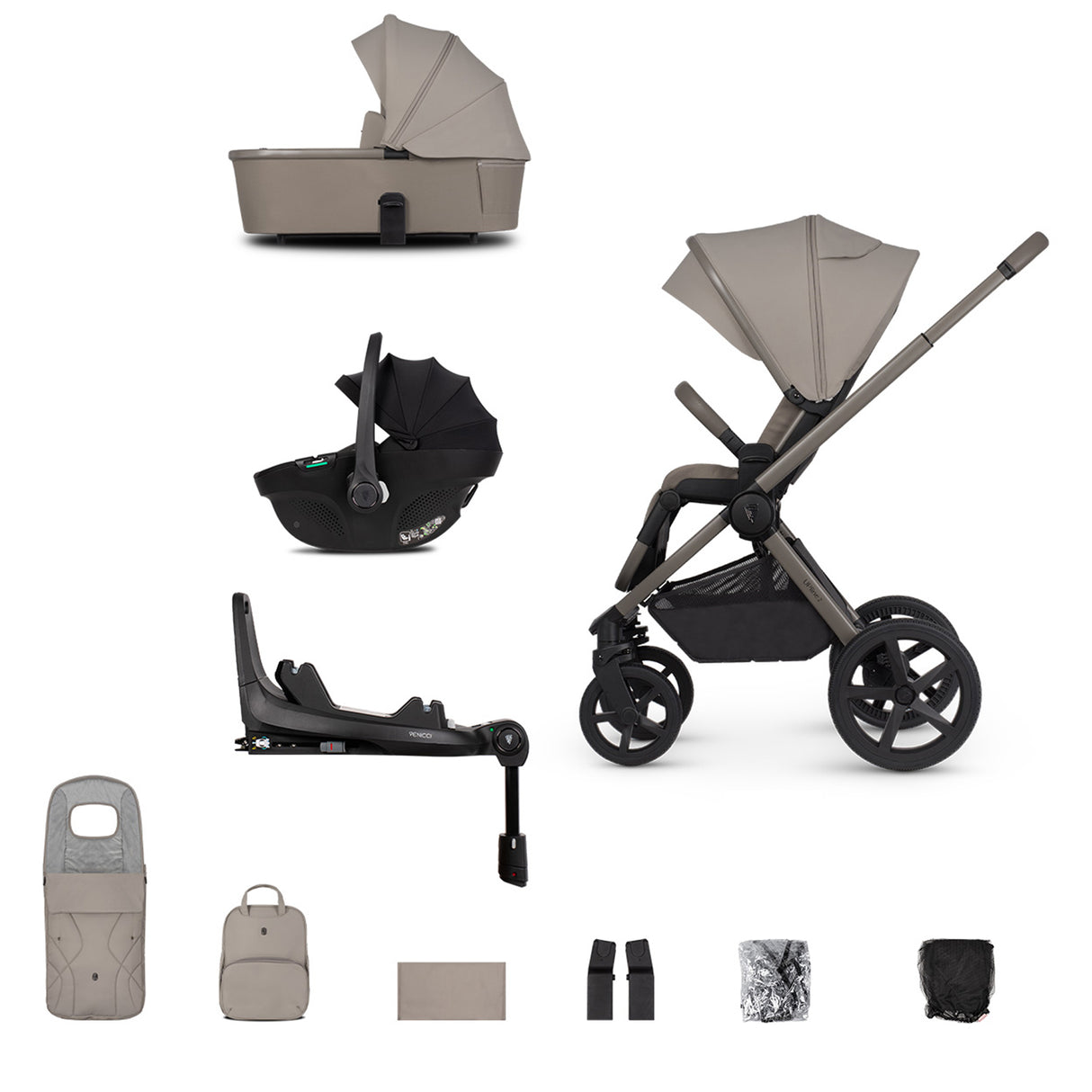 Venicci Upline 2 Travel System with Accessories, Tiago Car Seat & ISOFIX Base - Taupe