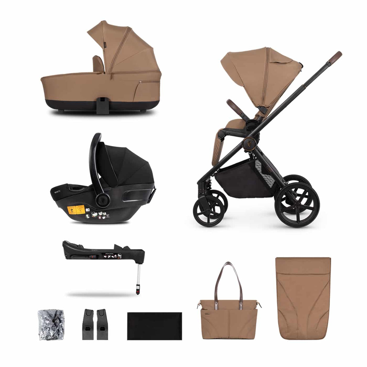 Venicci Claro Travel System with Engo Car Seat and ISOFIX Base - Caramel