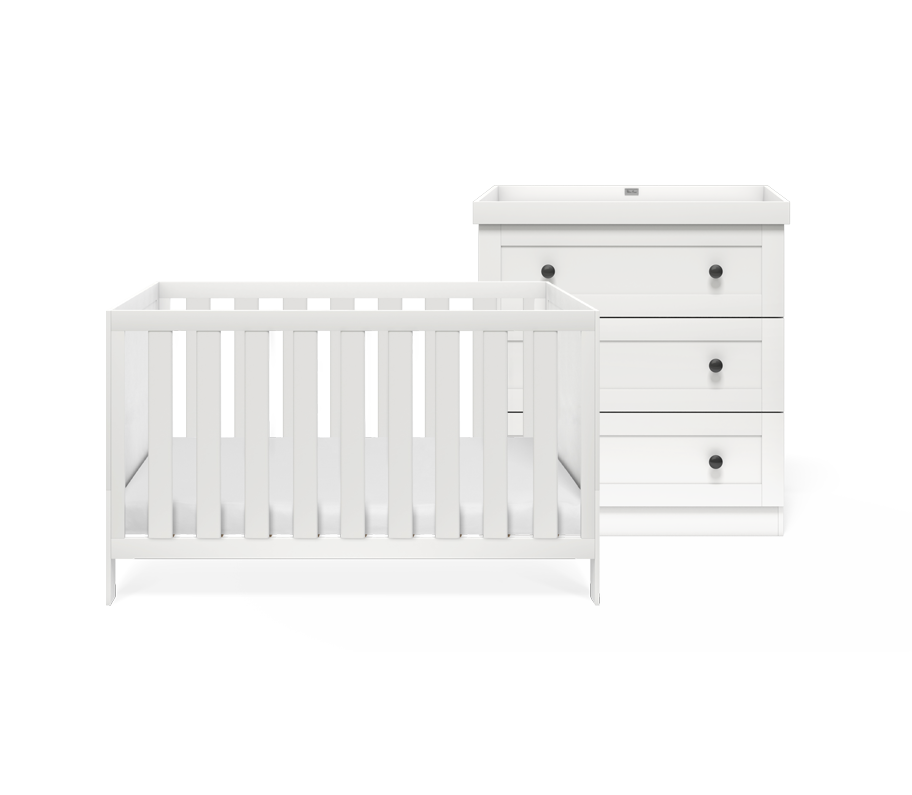 Silver Cross Bromley 2 Piece Nursery Furniture Set with Convertible Cot Bed to Toddler Bed & Dresser - White