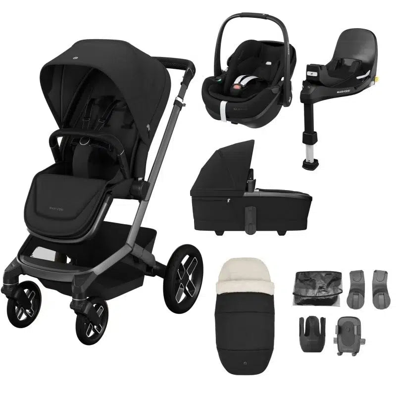 Maxi Cosi Fame Premium Travel System Bundle With Accessories, Pebble 360 Pro2 Car Seat and ISOFIX Base - Twillic Black