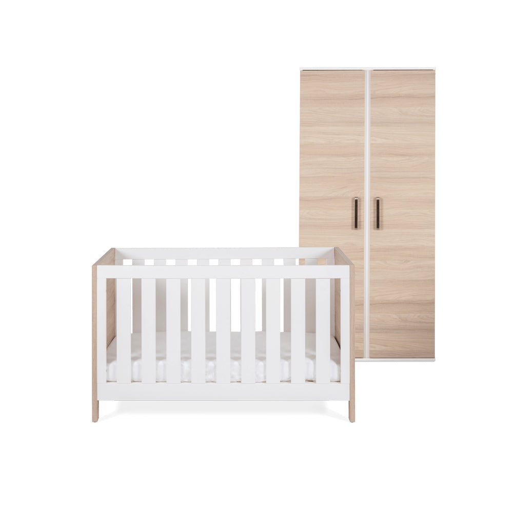 Silver Cross Finchley 2 Piece Nursery Furniture Set with Convertible Cot Bed and Double Wardrobe - Nordic White / Oak