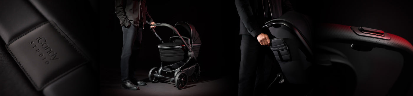 A black iCandy Peach 7 Studio stroller in a dark setting, with close-up shots highlighting its details, materials, and a person handling it.