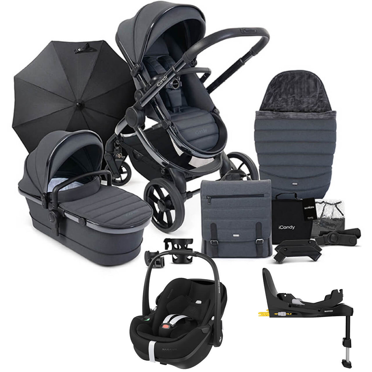 iCandy Peach 7 Complete Travel System with Maxi Cosi Pebble Pro 2 and ISOFIX Base - Dark Grey