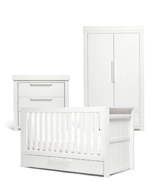 Mamas & Papas Franklin 3 Piece Nursery Furniture Set with Cot Bed, Dresser and Wardrobe - White Wash