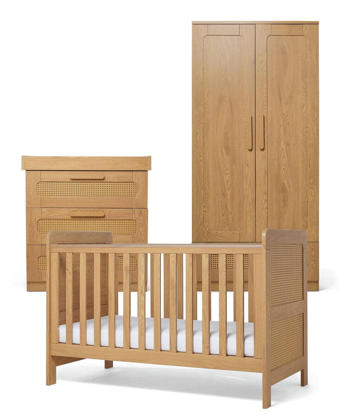 Mamas & Papas Esna 3 Piece Nursery Furniture Set with Cot Bed, Dresser and Wardrobe - Rattan