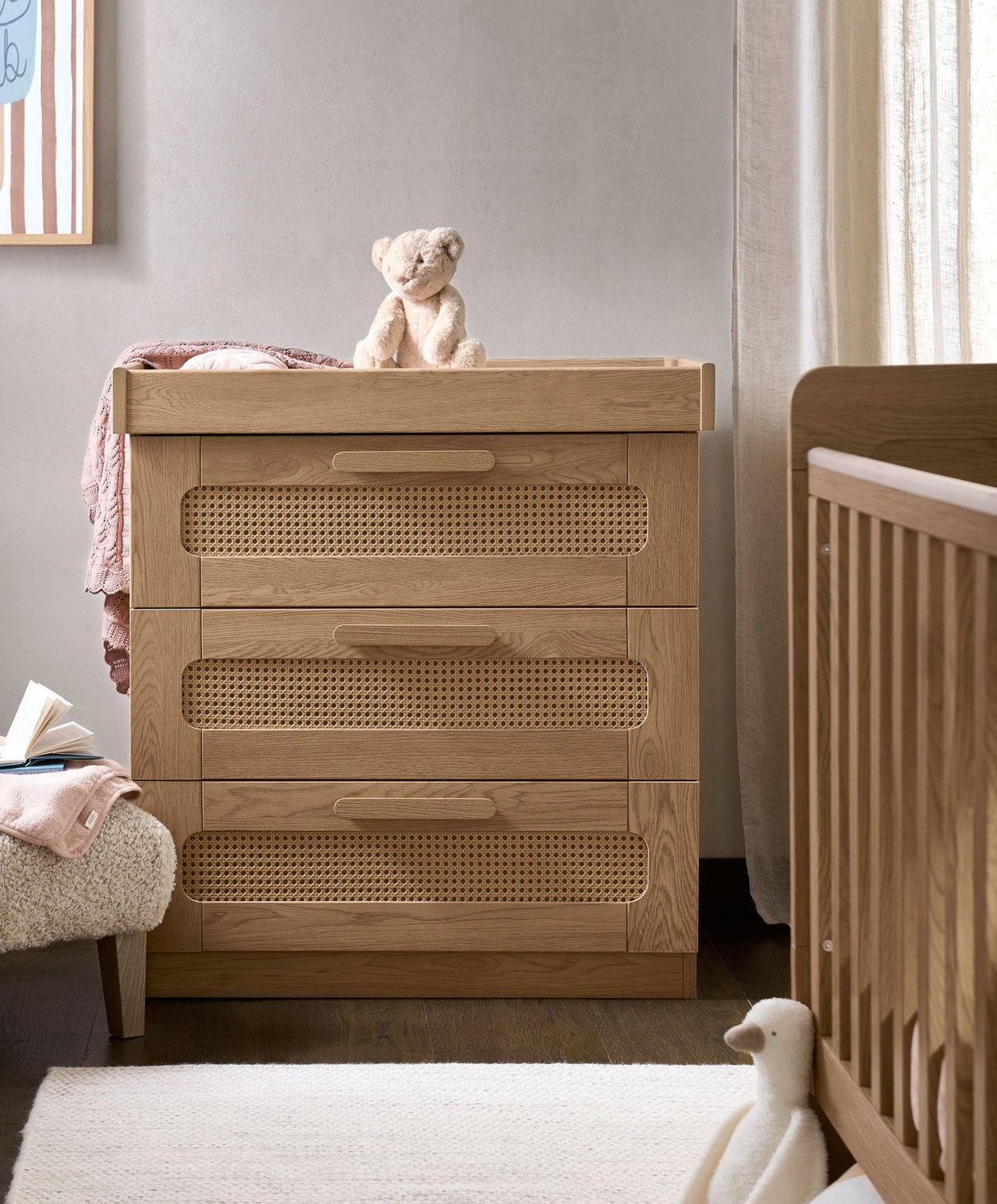 Mamas & Papas Esna 3 Piece Nursery Furniture Set with Cot Bed, Dresser and Wardrobe - Rattan