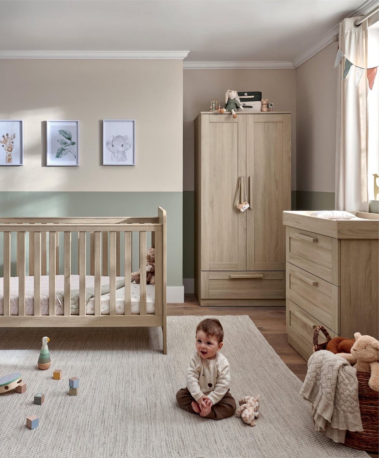 Mamas & Papas Atlas 3 Piece Nursery Furniture Set with Cot Bed, Dresser & Wardrobe - Light Oak