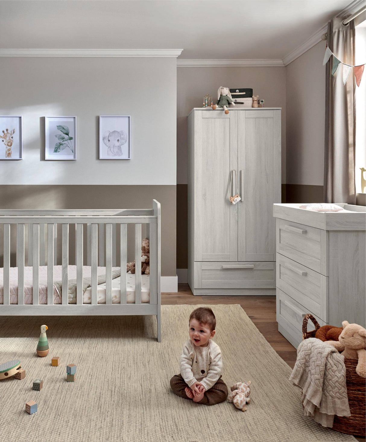 Mamas & Papas Atlas 3 Piece Nursery Furniture Set with Cot Bed, Dresser & Wardrobe - Nimbus White