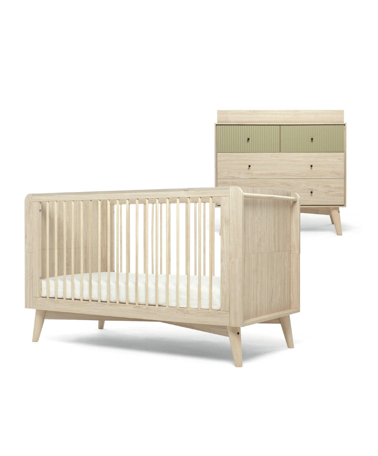 Mamas & Papas Coxley 2 Piece Nursery Furniture Set with Cot Bed & Dresser - Natural/Olive Green