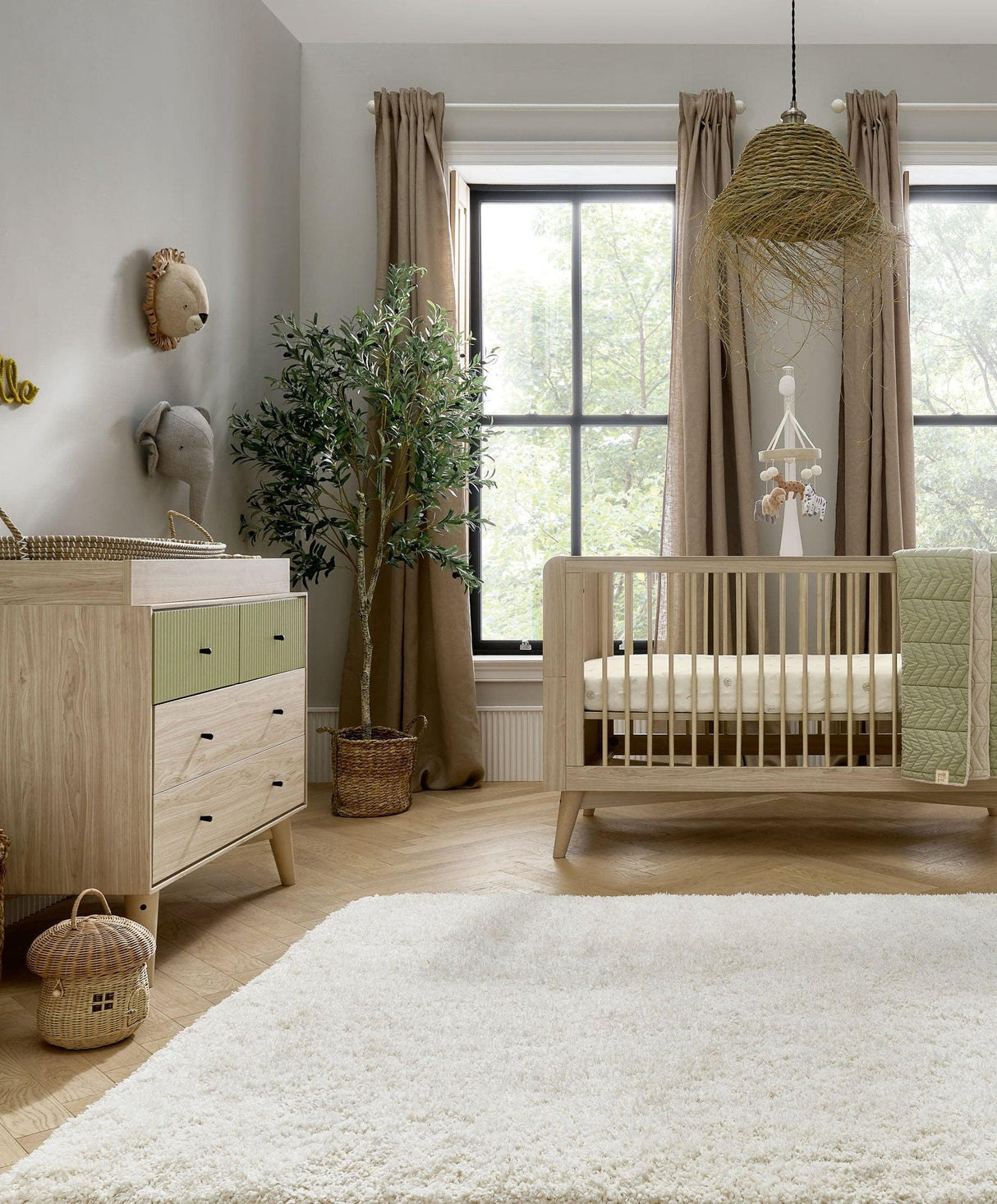 Mamas & Papas Coxley 2 Piece Nursery Furniture Set with Cot Bed & Dresser - Natural/Olive Green