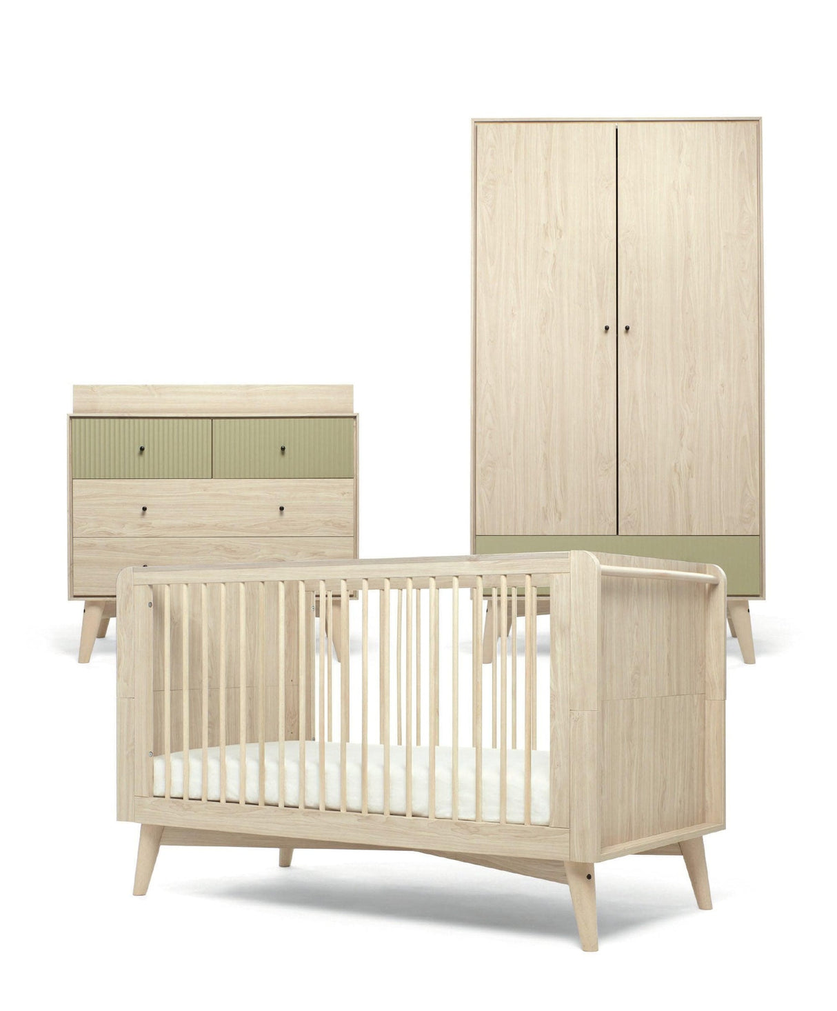 Mamas & Papas Coxley 3 Piece Nursery Furniture Set with Cot Bed, Dresser & Wardrobe - Natural/Olive Green