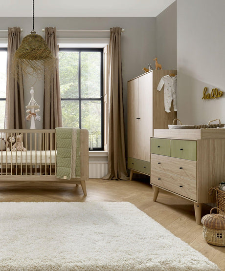 Mamas & Papas Coxley 3 Piece Nursery Furniture Set with Cot Bed, Dresser & Wardrobe - Natural/Olive Green