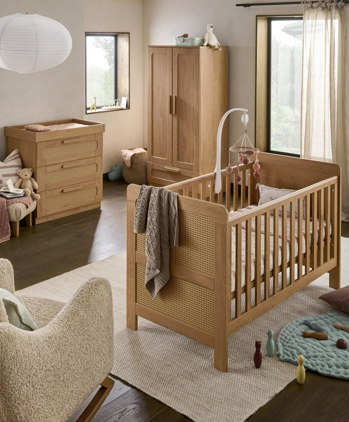 Mamas & Papas Esna 3 Piece Nursery Furniture Set with Cot Bed, Dresser and Wardrobe - Rattan