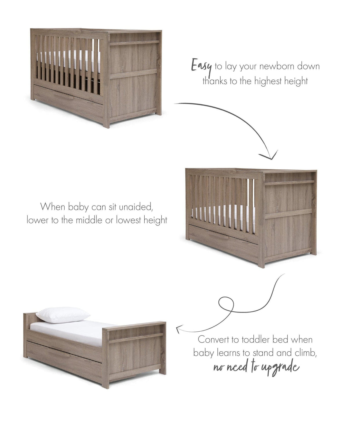 Mamas & Papas Franklin 3 Piece Nursery Furniture Set with Cot Bed, Dresser and Wardrobe - Grey Wash