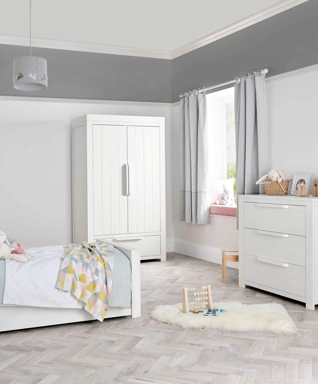 Mamas & Papas Franklin 3 Piece Nursery Furniture Set with Cot Bed, Dresser and Wardrobe - White Wash