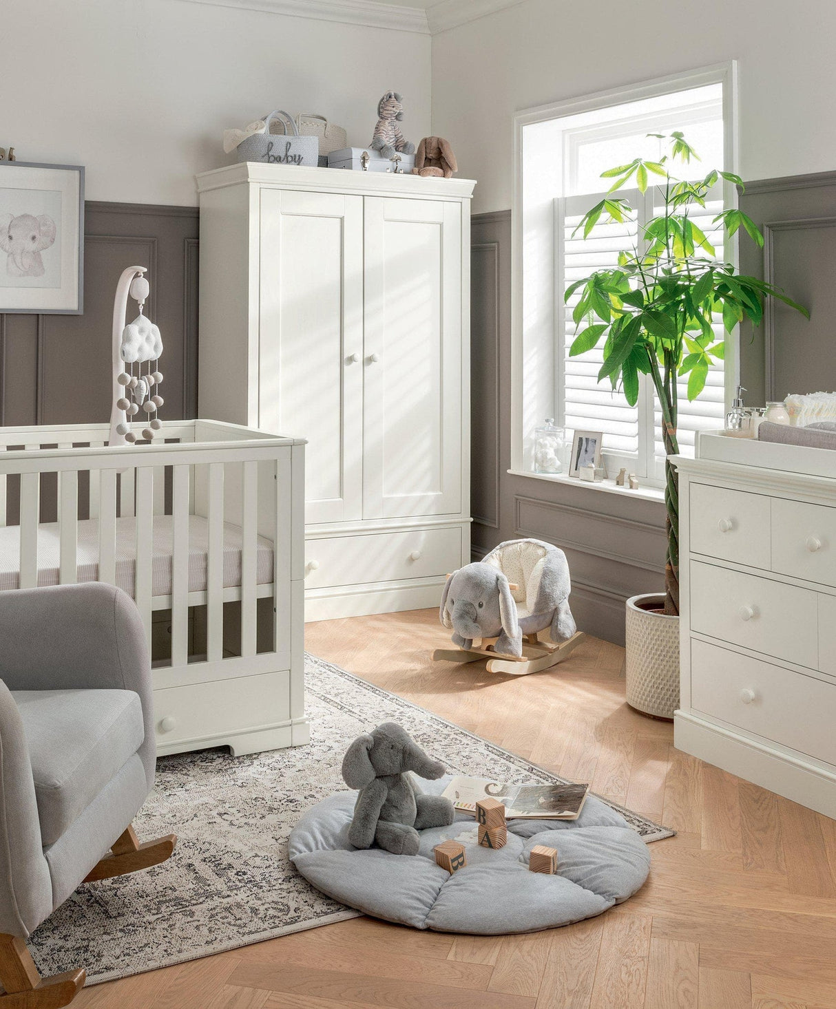 Mamas & Papas Oxford 3 Piece Nursery Furniture Set with Cot Bed, Dresser and Wardrobe - White