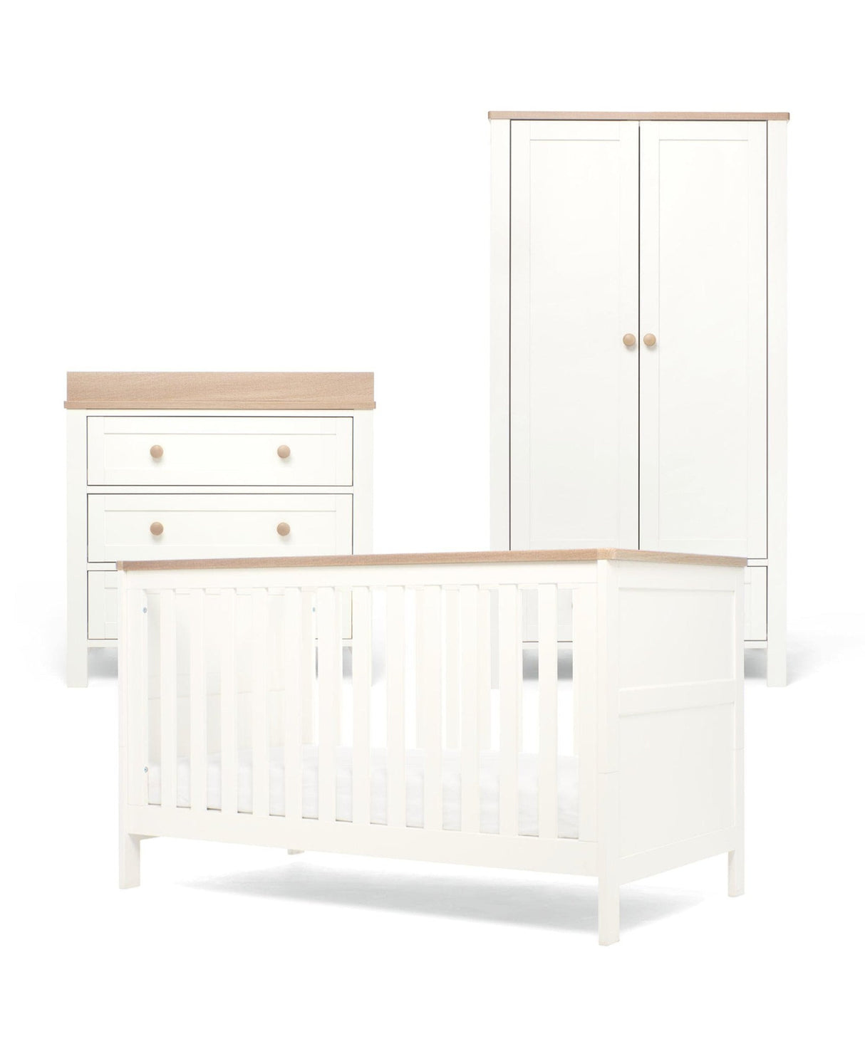 Mamas & Papas Wedmore 3 Piece Nursery Furniture Set with Cot Bed, Dresser and Wardrobe - White/Natural