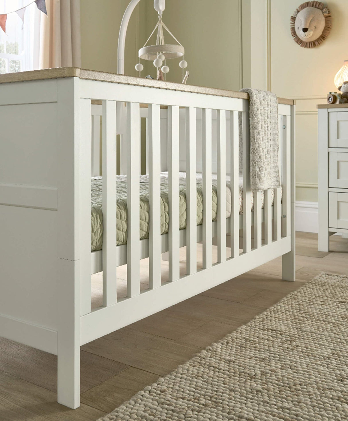 Mamas & Papas Wedmore 3 Piece Nursery Furniture Set with Cot Bed, Dresser and Wardrobe - White/Natural