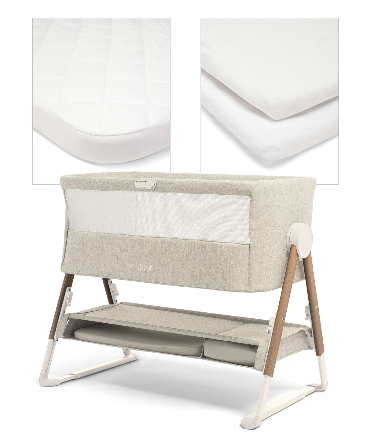 Mamas & Papas Lua Bedside Crib with Sheets & Mattress Protector - Fawn