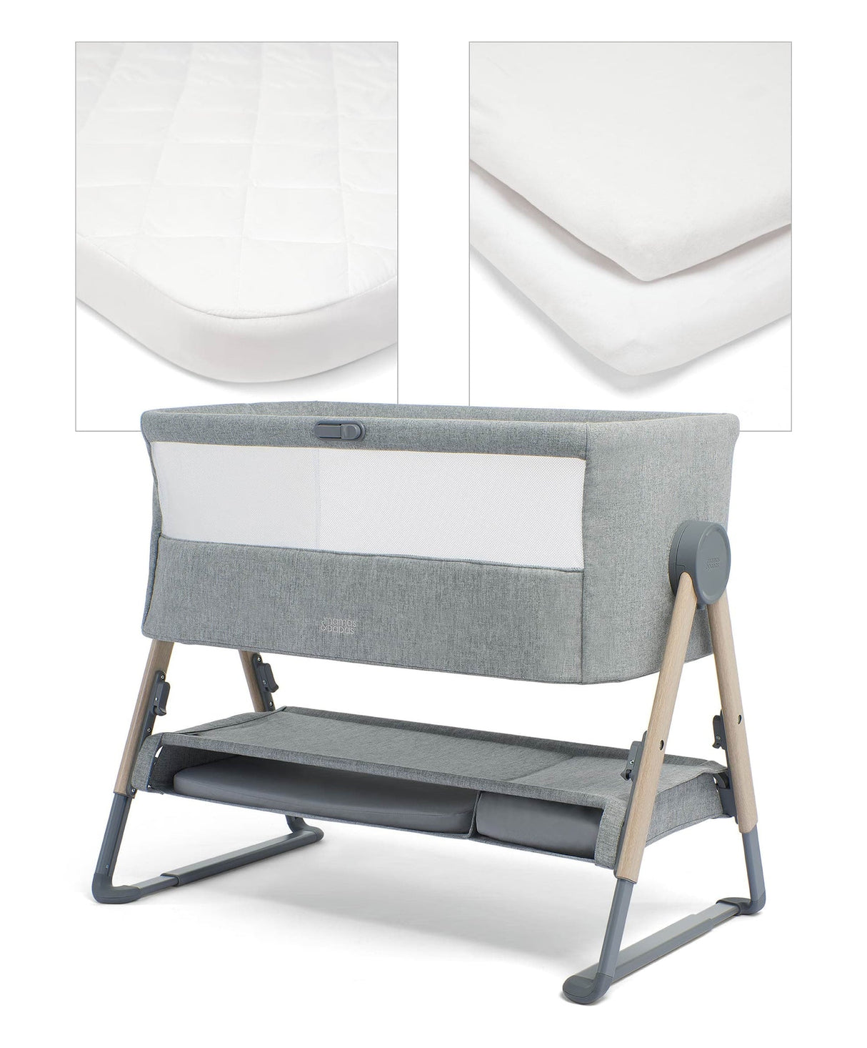 Mamas & Papas Lua Bedside Crib with Sheets & Mattress Protector - Grey