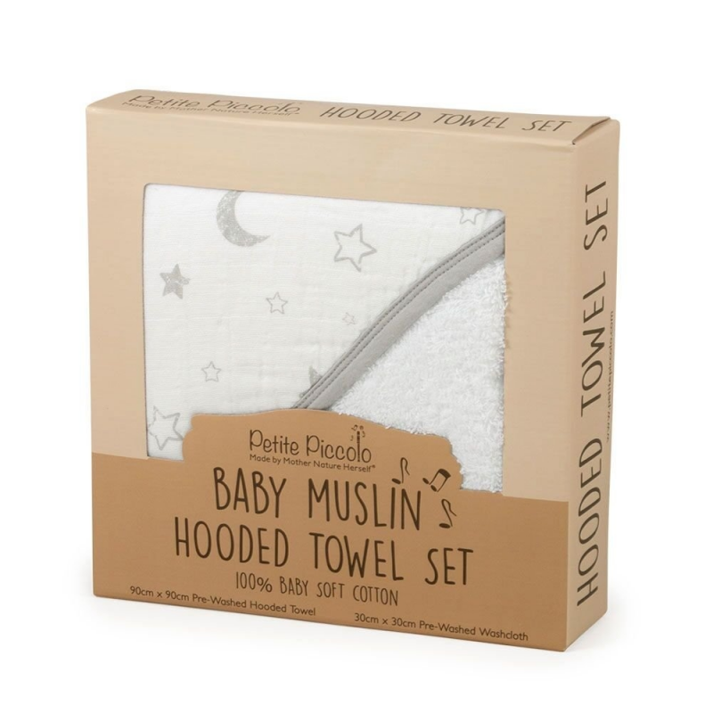 Petite Piccolo Hooded Bath Towel & Washcloth Set – Moon & Stars