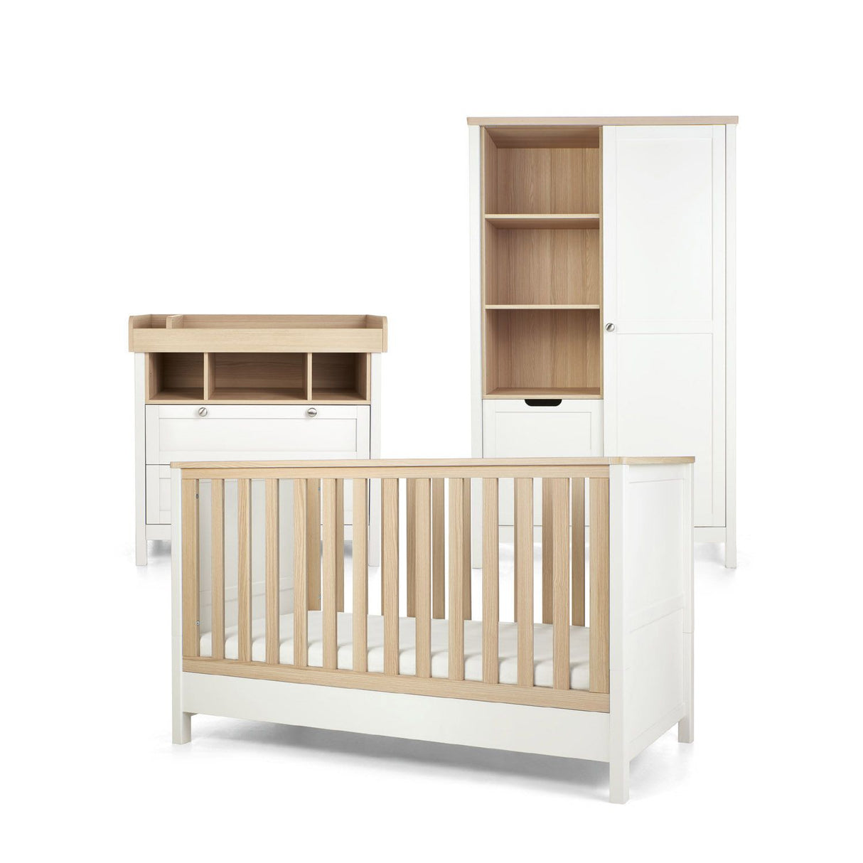 Mamas & Papas Harwell 3 Piece Nursery Furniture Set with Cot Bed, Dresser and Wardrobe - White / Natural