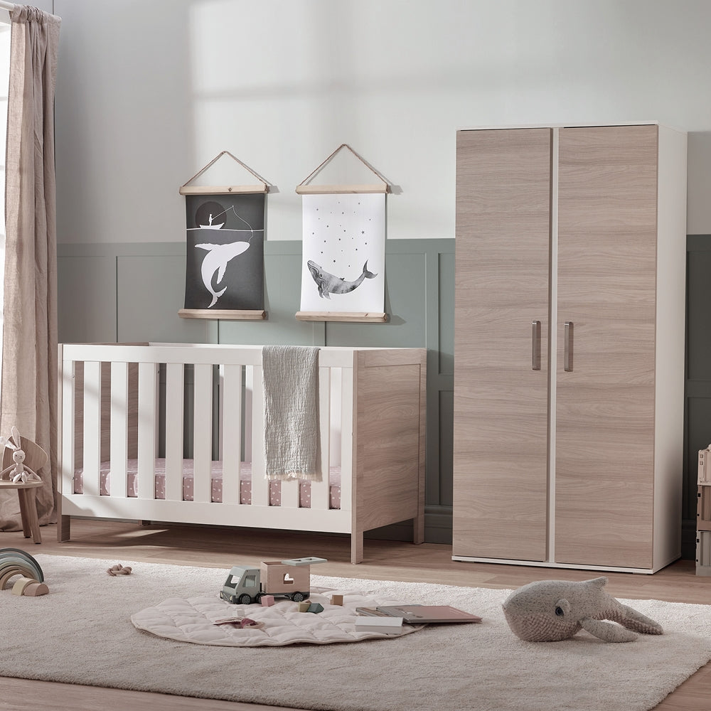 Silver Cross Finchley 2 Piece Nursery Furniture Set with Convertible Cot Bed and Double Wardrobe - Nordic White / Oak