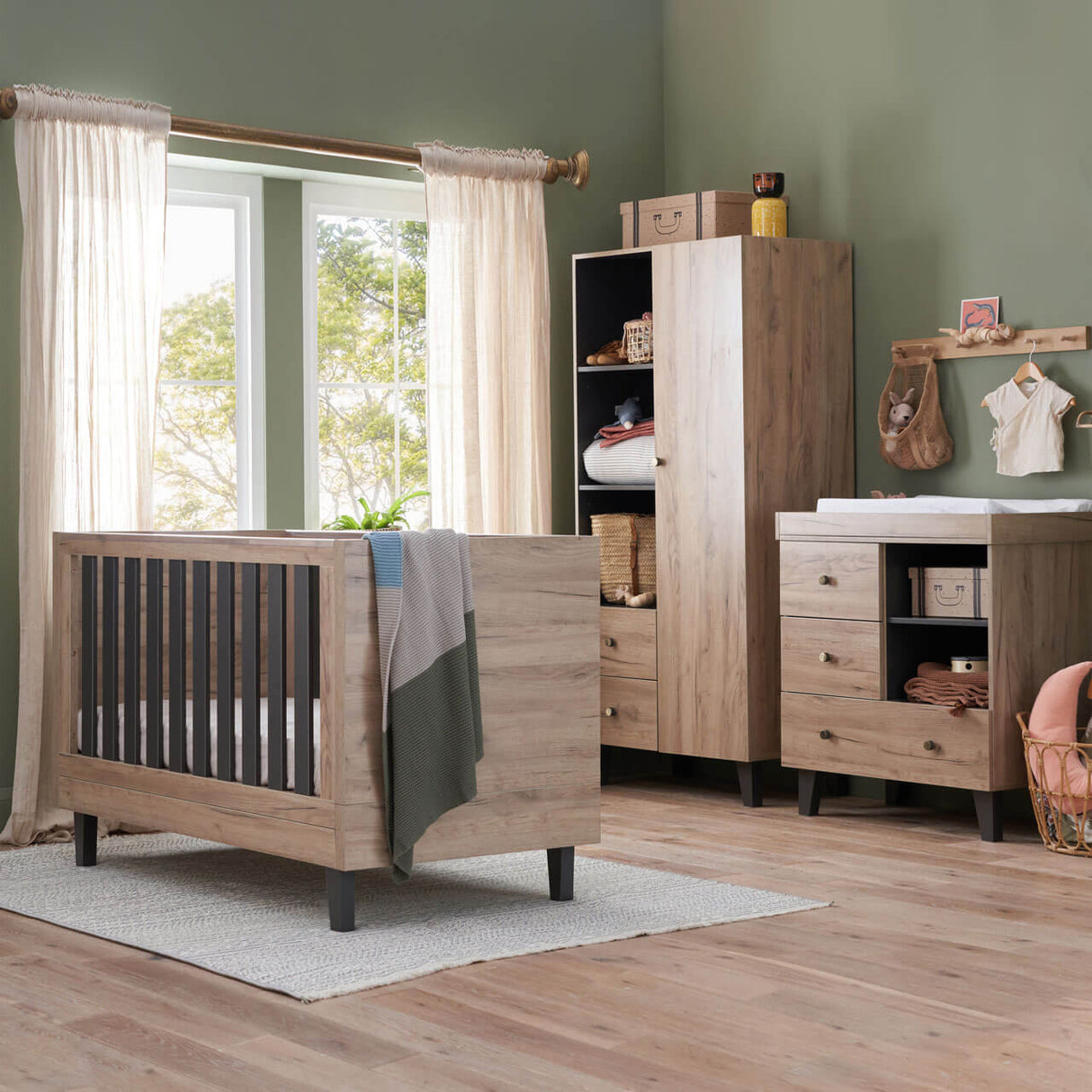 Tutti Bambini Como 3 Piece Nursery Furniture Set with Cot Bed, Dresser and Wardrobe - Distressed Oak / Slate Grey