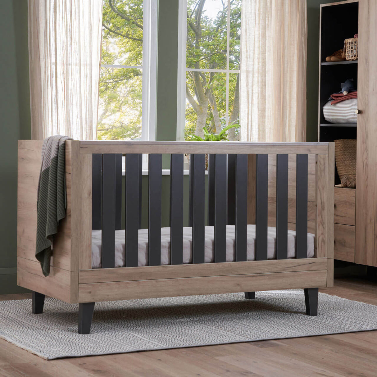 Tutti Bambini Como 3 Piece Nursery Furniture Set with Cot Bed, Dresser and Wardrobe - Distressed Oak / Slate Grey