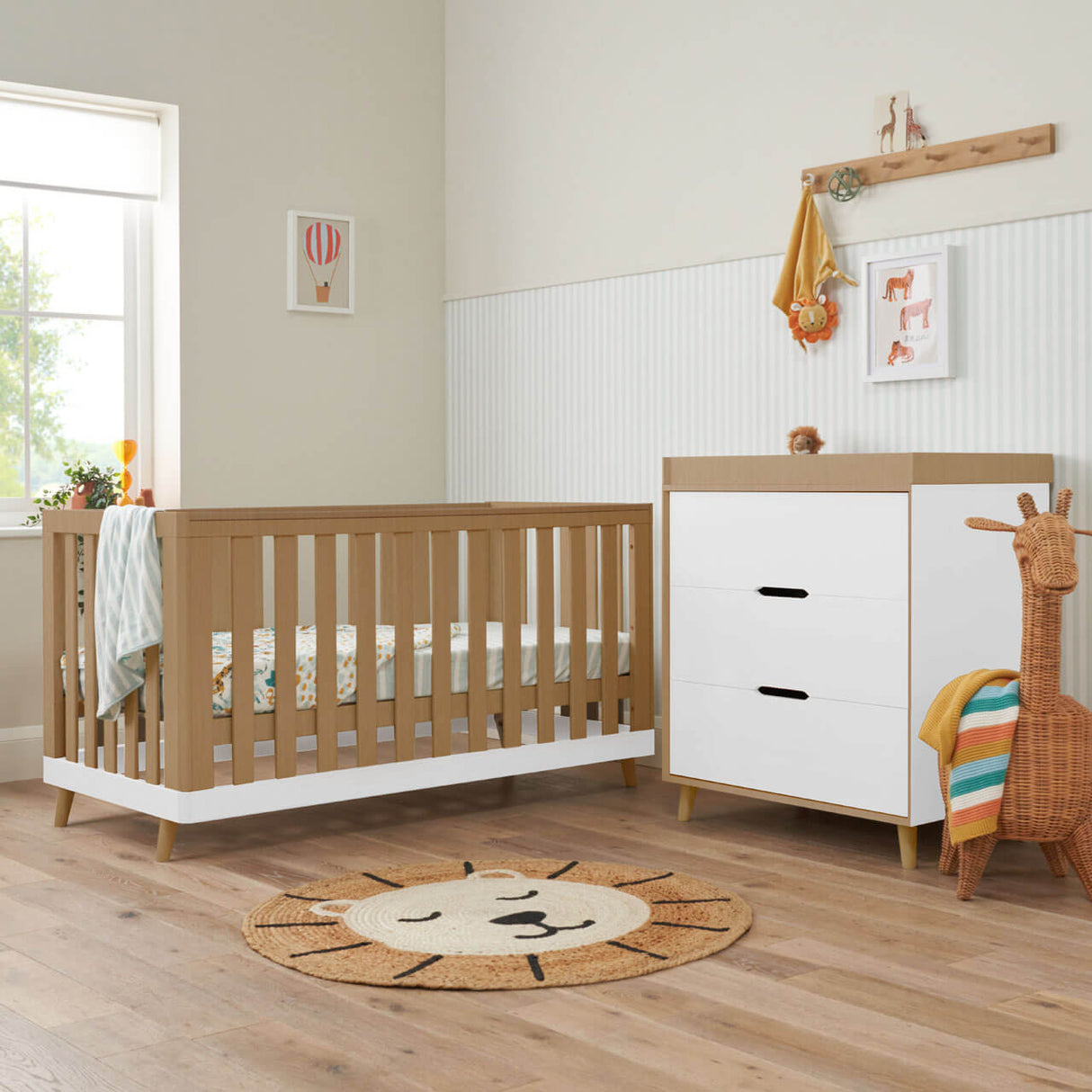 Tutti Bambini Hygge 2 Piece Nursery Furniture Set with Cot Bed and Dresser - White/Light Oak