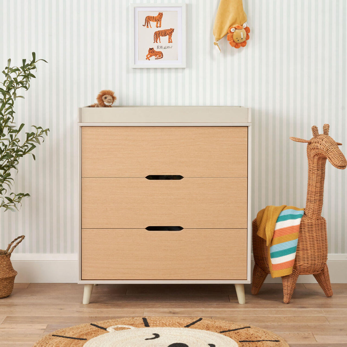 Tutti Bambini Hygge 3 Piece Nursery Furniture Set with Cot Bed, Dresser & Wardrobe - Light Oak / White Sand