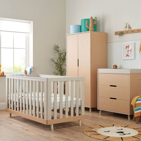 Tutti Bambini Hygge 3 Piece Nursery Furniture Set with Cot Bed, Dresser & Wardrobe - Light Oak / White Sand