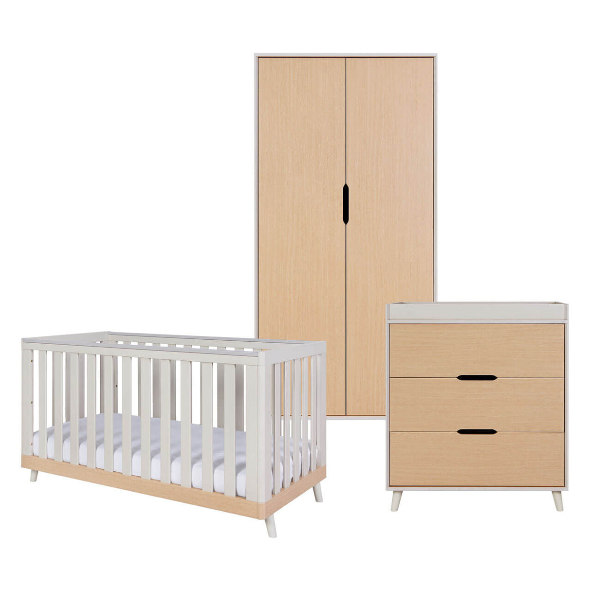 Tutti Bambini Hygge 3 Piece Nursery Furniture Set with Cot Bed, Dresser & Wardrobe - Light Oak / White Sand