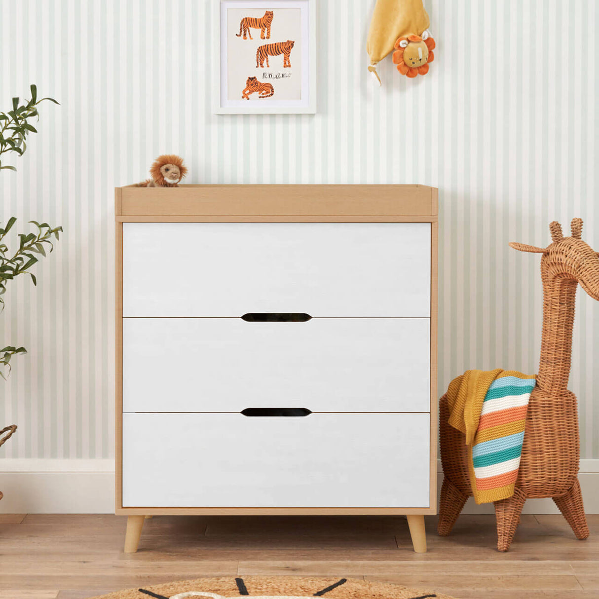 Tutti Bambini Hygge 3 Piece Nursery Furniture Set with Cot Bed, Dresser & Wardrobe - White/Light Oak