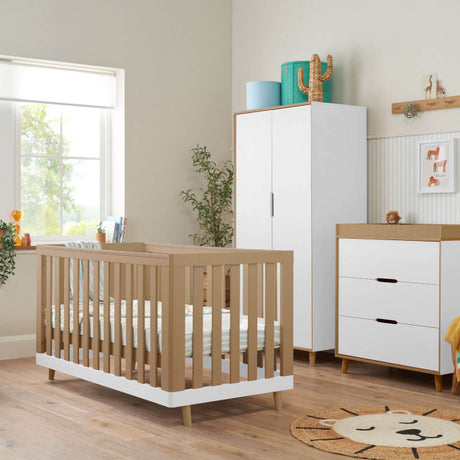 Tutti Bambini Hygge 3 Piece Nursery Furniture Set with Cot Bed, Dresser & Wardrobe - White/Light Oak