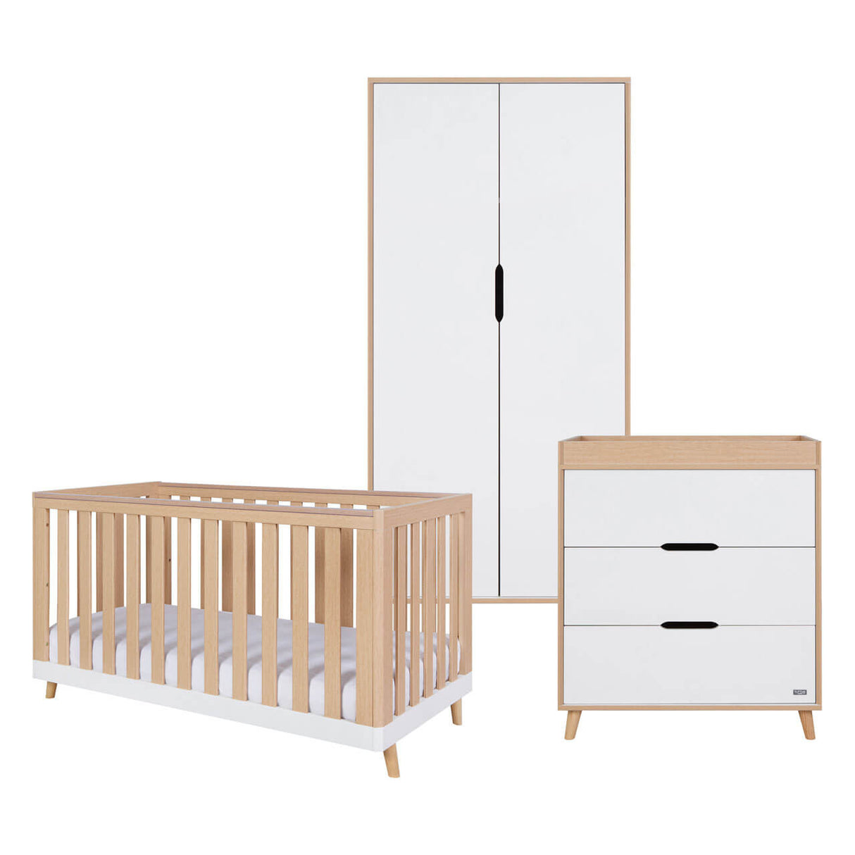 Tutti Bambini Hygge 3 Piece Nursery Furniture Set with Cot Bed, Dresser & Wardrobe - White/Light Oak