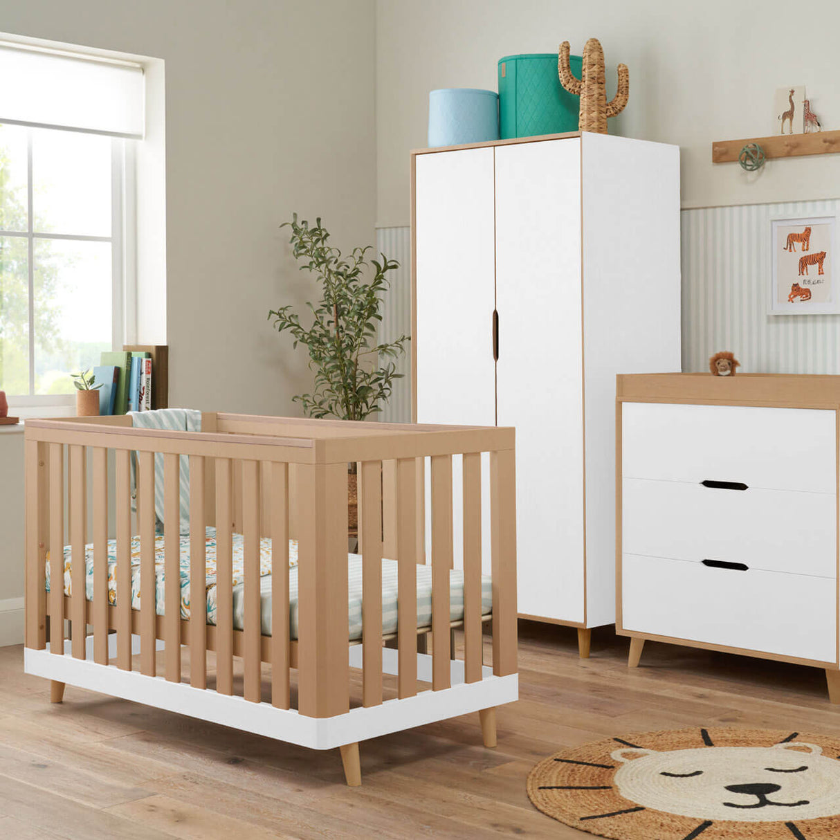 Tutti Bambini Hygge Mini 3 Piece Nursery Furniture Set with Cot Bed, Dresser & Wardrobe - White/Light Oak