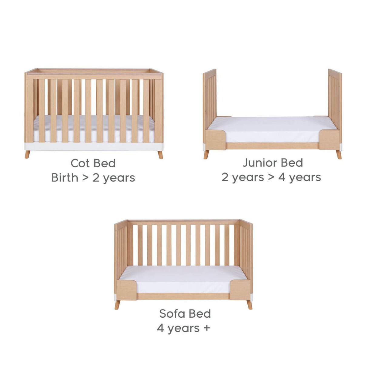 Tutti Bambini Hygge Mini 3 Piece Nursery Furniture Set with Cot Bed, Dresser & Wardrobe - White/Light Oak