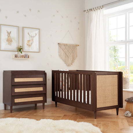 Tutti Bambini Japandi 2 Piece Nursery Furniture Set with Cot Bed & Dresser - Warm Walnut